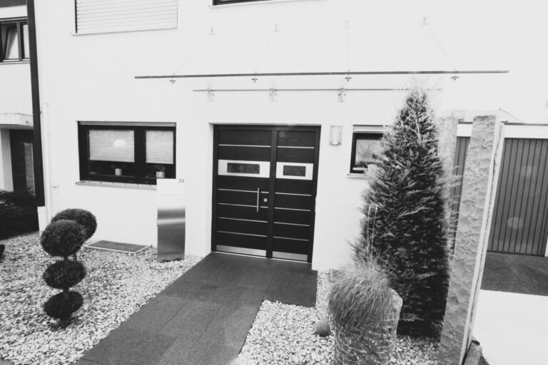 Moderne Haustür, geometrische Pflanzenformen.